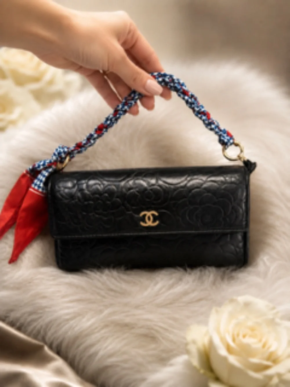 Authentic Chanel Camellia Embossed Clutch , Excellent